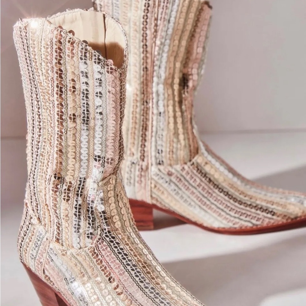 Free People MOMO Luna Sequin Boots Ivory Gold Silver Cowboy Back Zipper - Picture 4 of 12